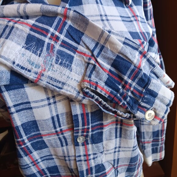 XS Vintage 70's Blue Top Plaid Buttery Flannel Button-Up Shirt Distress Repairs - Picture 5 of 9